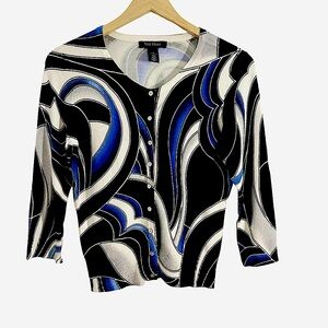 White House Black Market Cardigan Sweater Blue Black White Sparkly Gray Size S